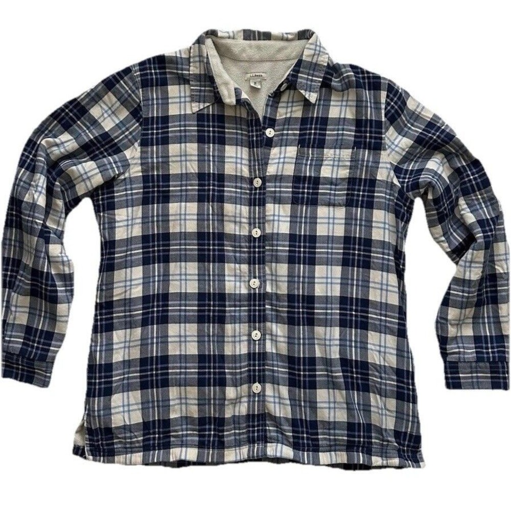L.L.Bean Plaid Flannel Shacket Fleece Lined Blue